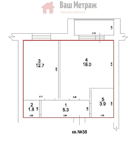 2-к квартира, 57 кв.м.